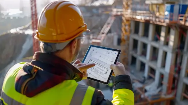  Ein Ingenieur inspiziert eine Baustelle mit einem Tablet-Computer.